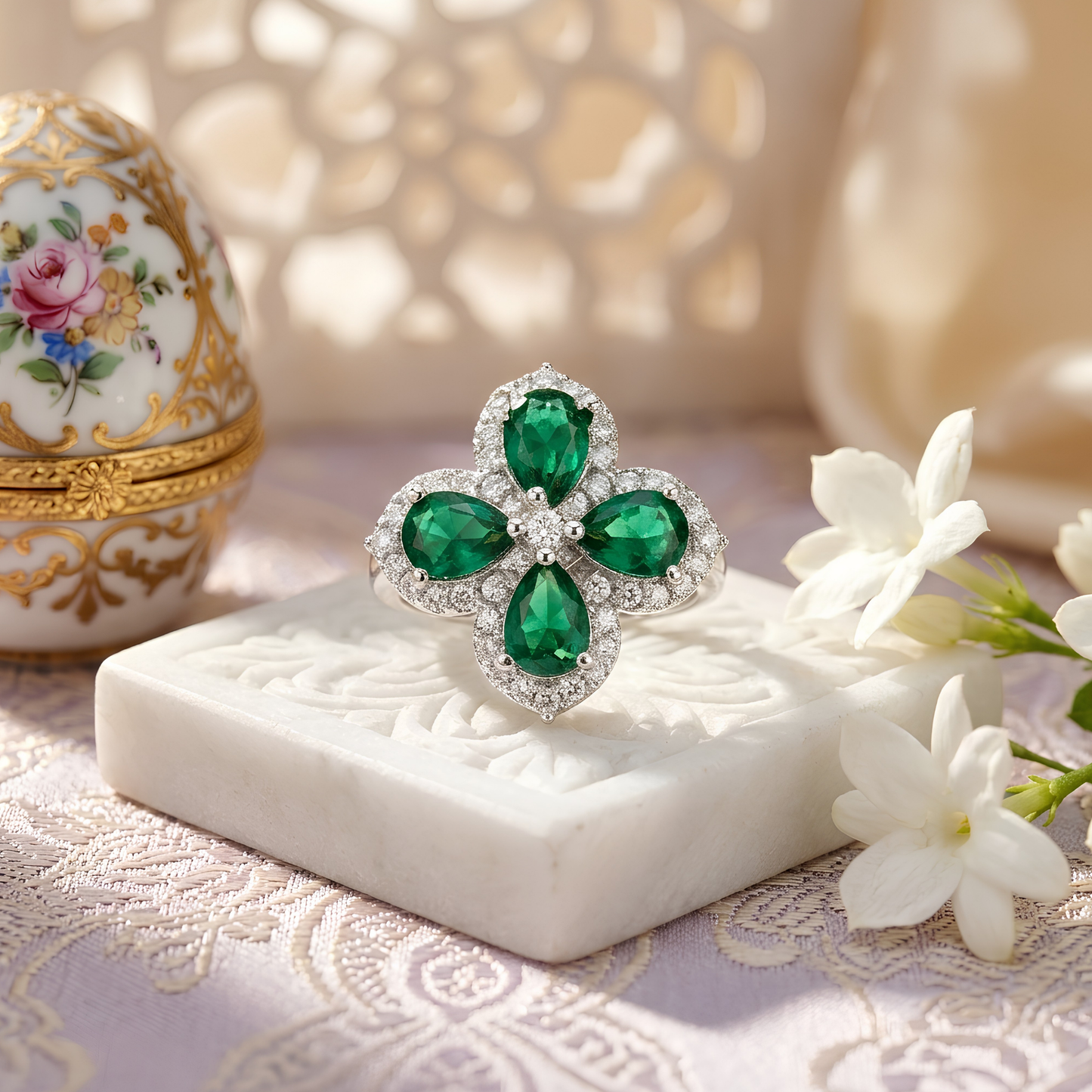 Emerald Green Floral Statement Ring
