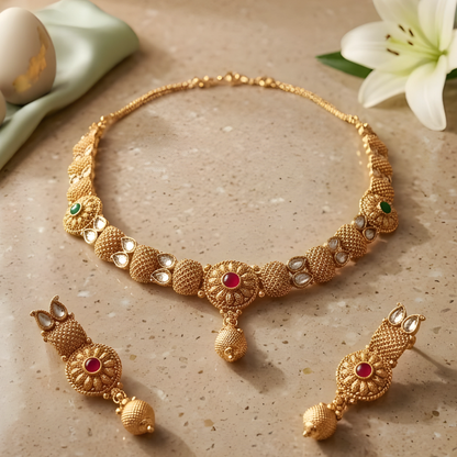 Gold-Plated Floral Necklace Set With Earrings