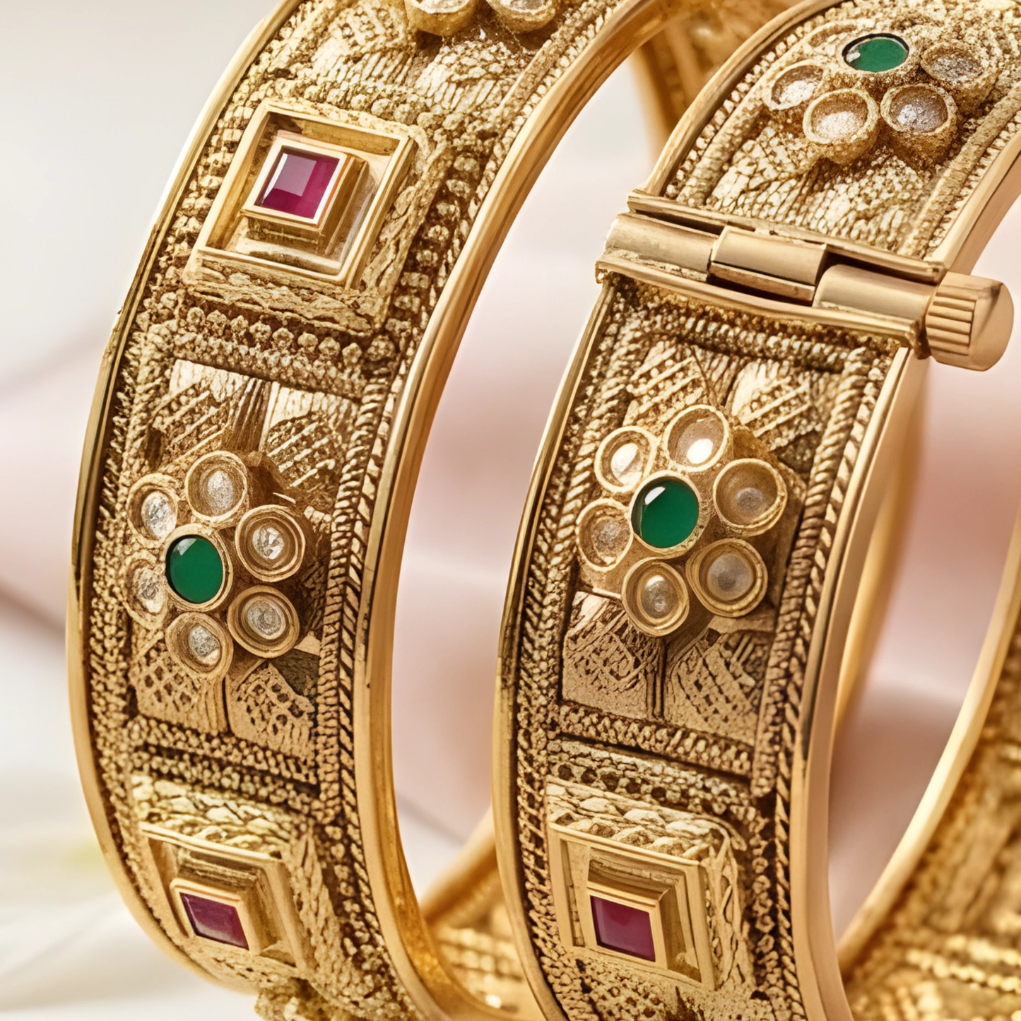 Antique Gold Floral Kundan Kada Bangle