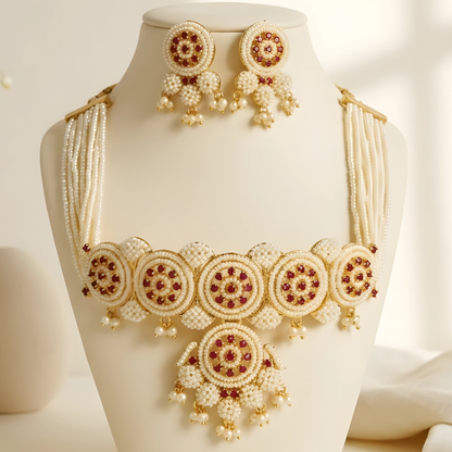 Handcrafted Pearl Choker Necklace Set with Matching Earrings