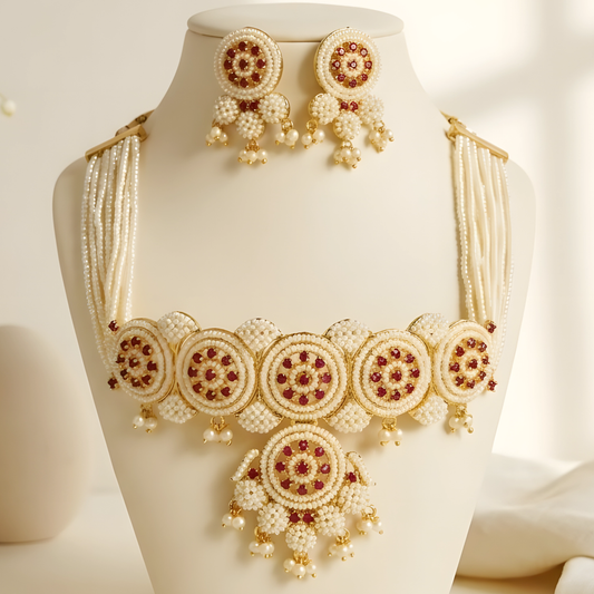 Handcrafted Pearl Choker Necklace Set with Matching Earrings
