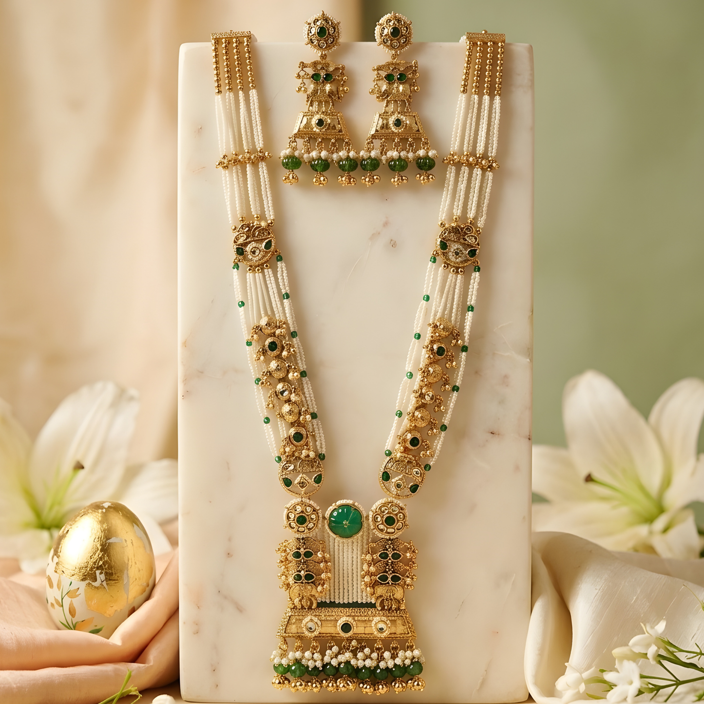 Long Pearl Necklace Set with Big Earrings