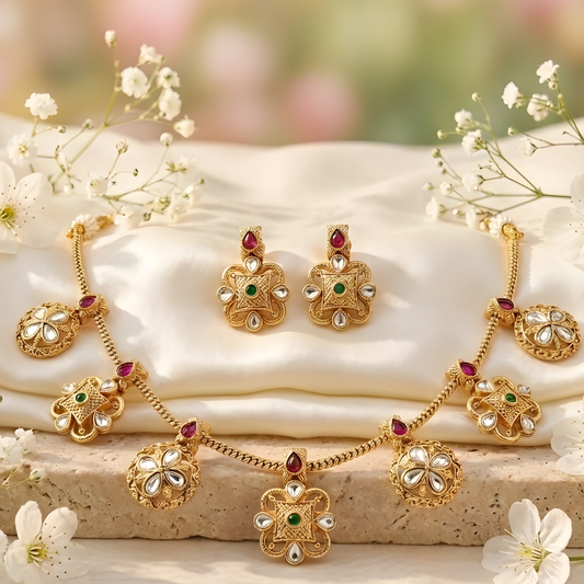 Gold-Plated Floral Necklace Set with Matching Earrings
