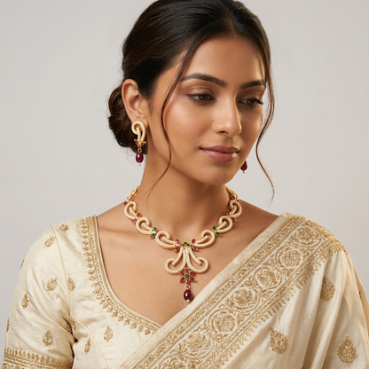 Statement Moti Necklace Set with Matching Drop Earrings