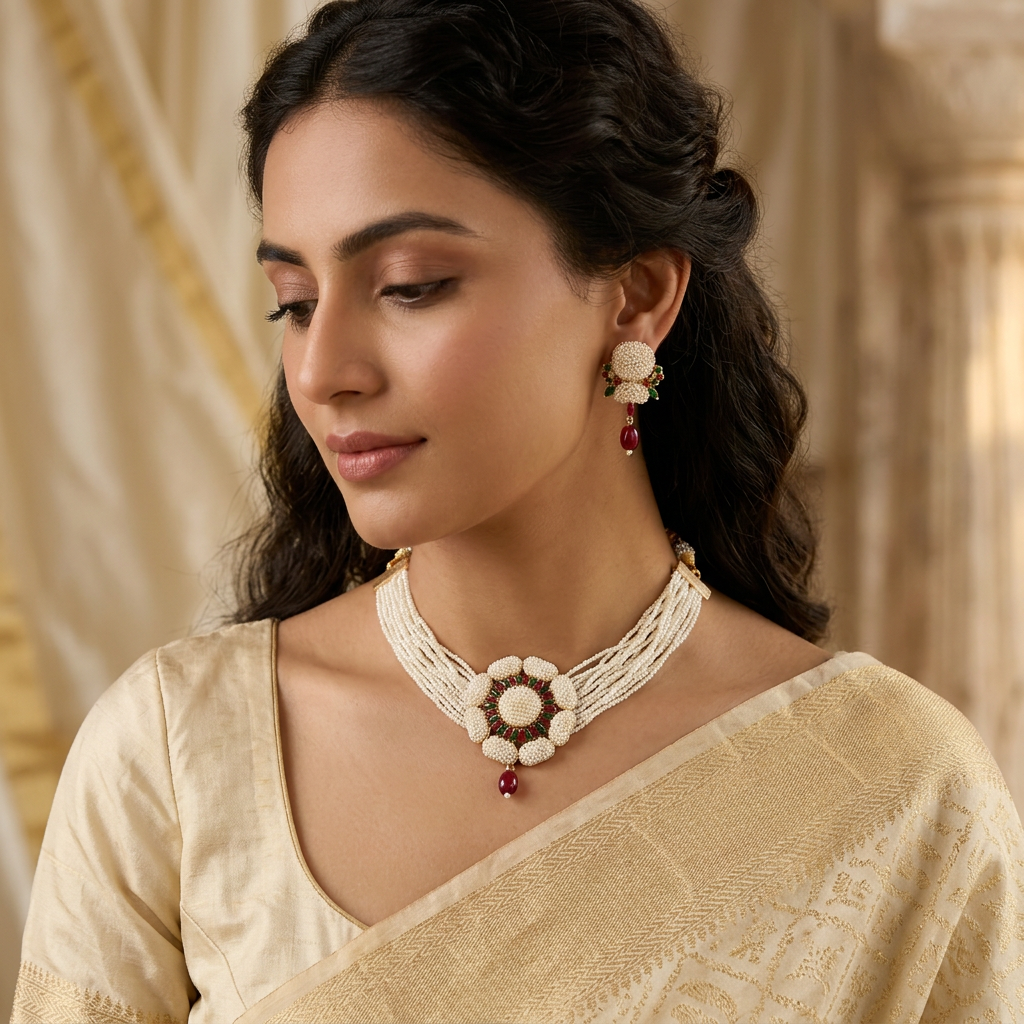 Rajwadi Traditional Pearl Choker Necklace Set