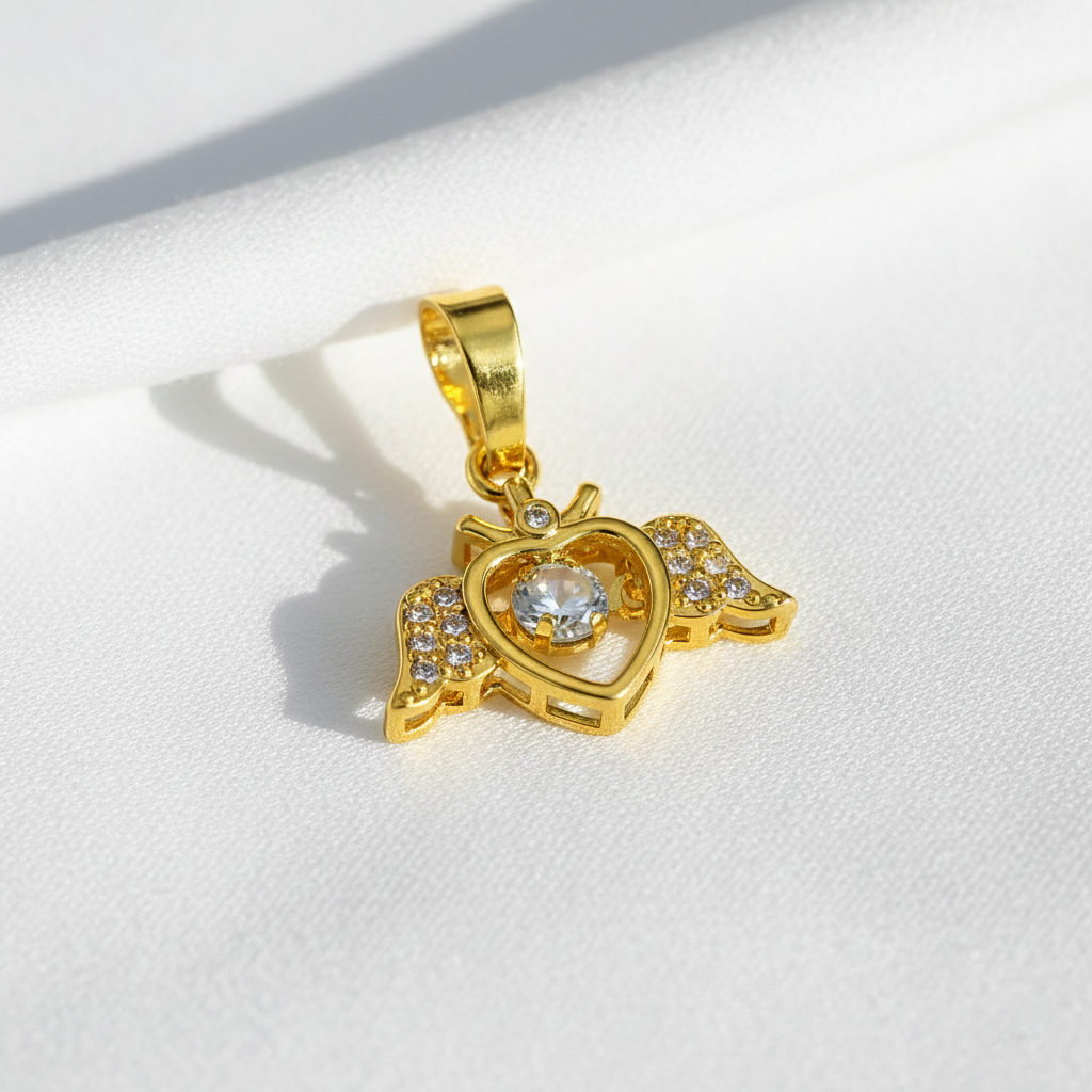 Gold Winged Heart Charm with Floating Crystal