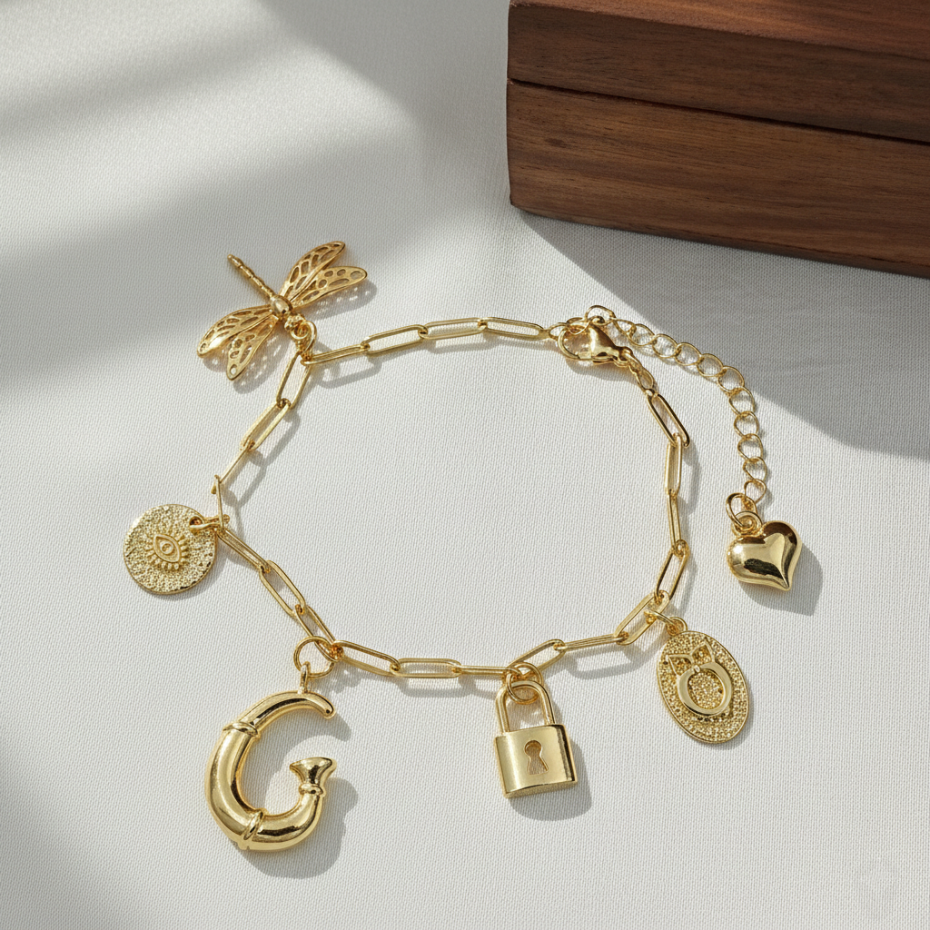 Personalized Charm Bracelet with Lock, Heart & Initial