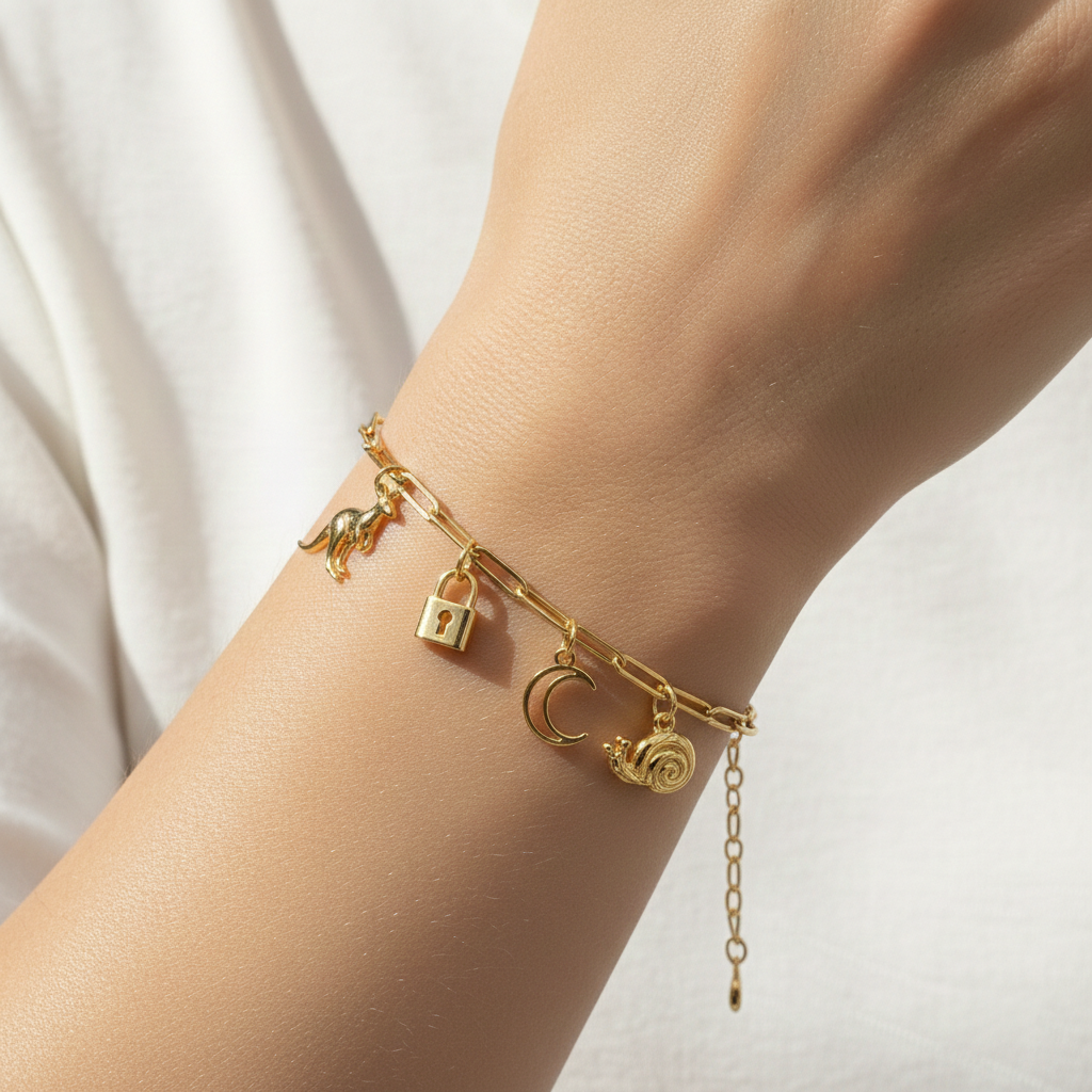 Gold Charm Bracelet with Moon, Lock & Animal Charms