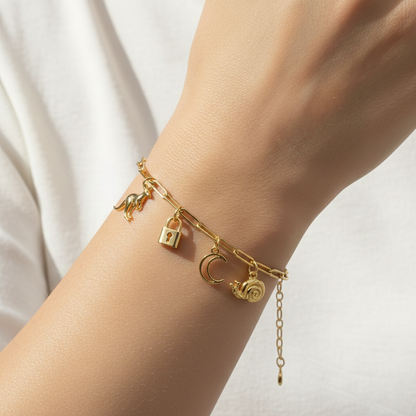 Gold Charm Bracelet with Moon, Lock & Animal Charms