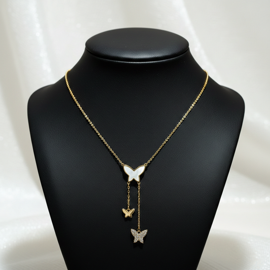 Triple Butterfly Drop Necklace – Gold Mother-of-Pearl Charm