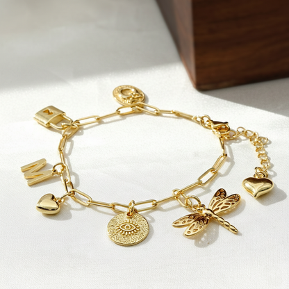 Customized Charm Bracelet with Initial, Evil Eye & Dragonfly