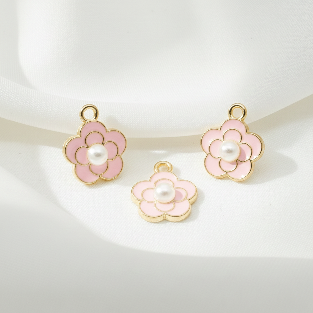 Pink Enamel Flower Pearl Charm