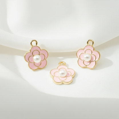 Pink Enamel Flower Pearl Charm