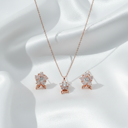 Rose Gold Finish Floral Necklace & Earrings Set