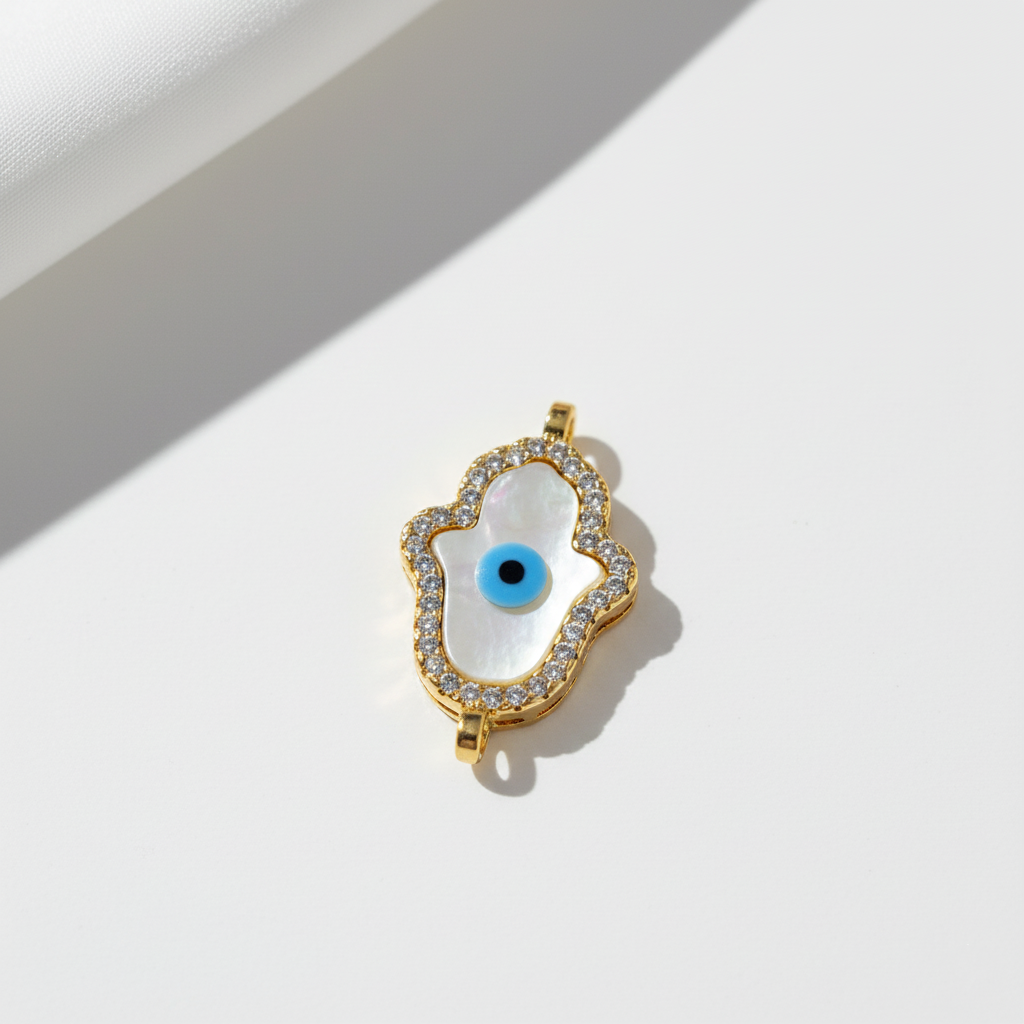 Gold Hamsa Evil Eye Charm with Crystal Border