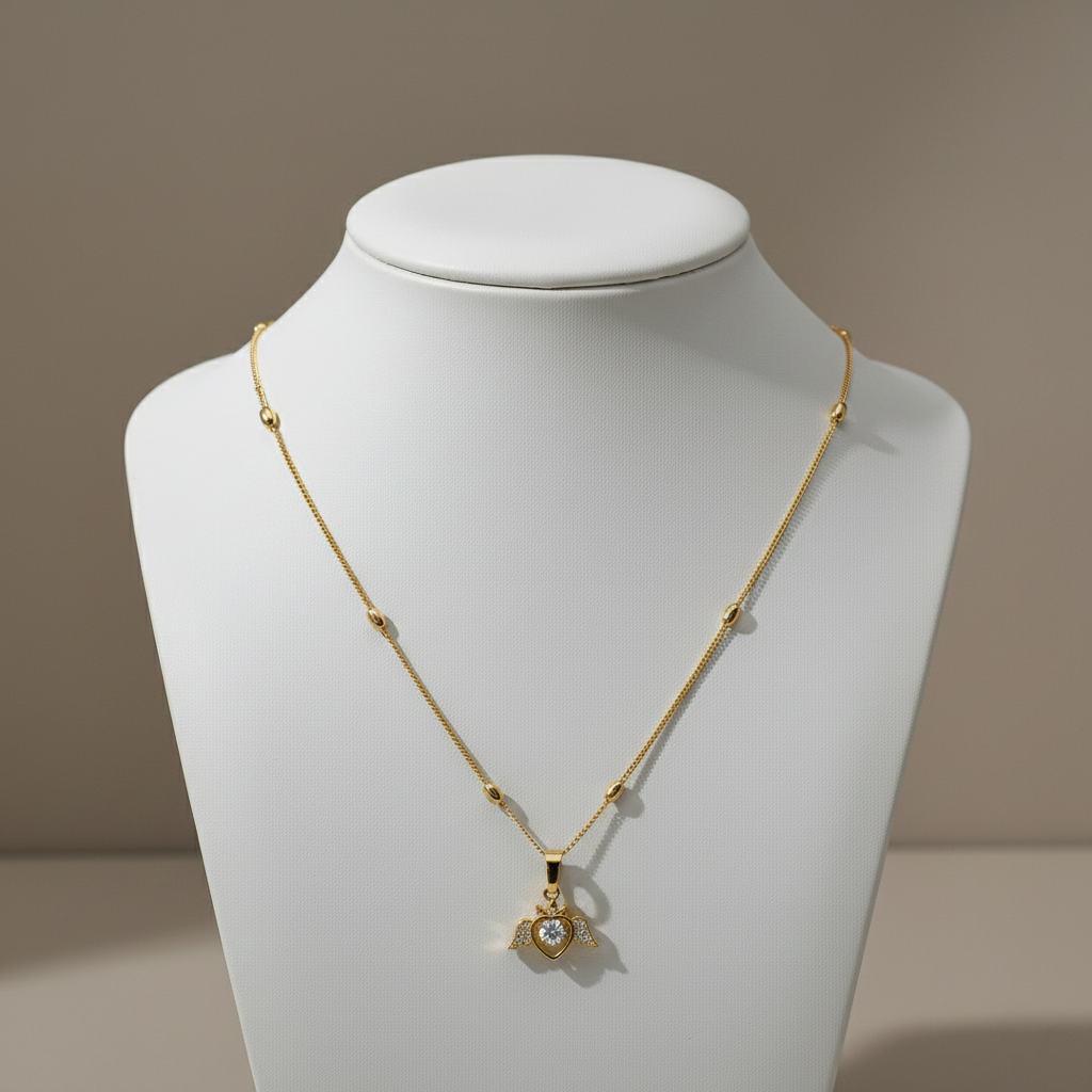 Angel Heart Pendant Necklace with Beaded Gold Chain