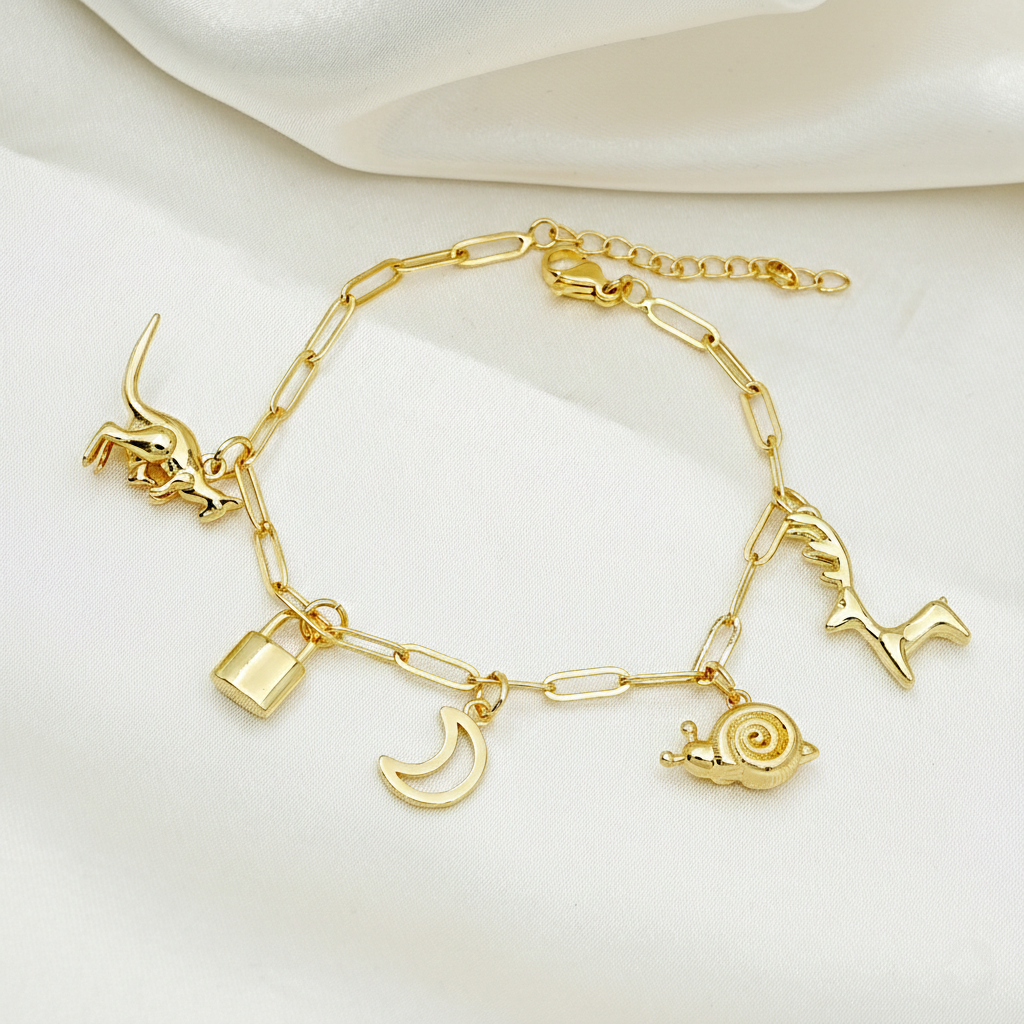 Gold Charm Bracelet with Moon, Lock & Animal Charms