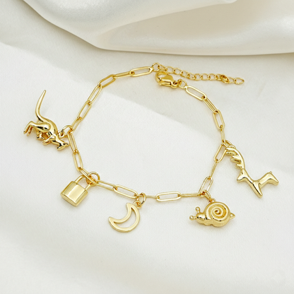 Gold Charm Bracelet with Moon, Lock & Animal Charms