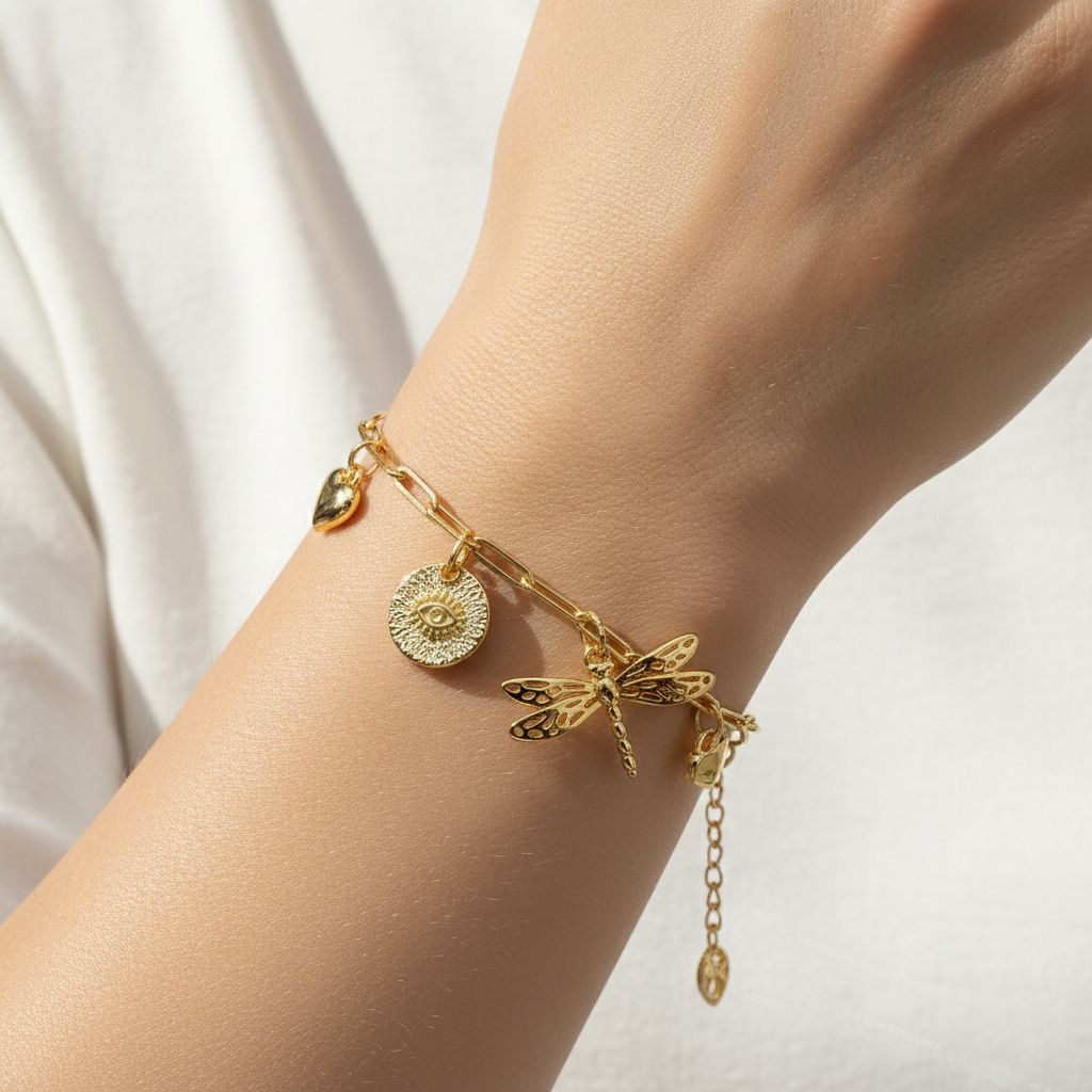 Customized Charm Bracelet with Initial, Evil Eye & Dragonfly
