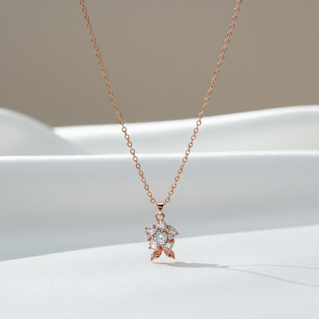 Rose Gold Finish Floral Necklace & Earrings Set