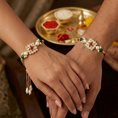 Floral Kundan Bhaiya Bhabhi Rakhi Combo Set
