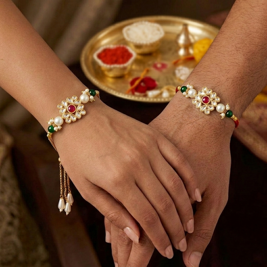Floral Kundan Bhaiya Bhabhi Rakhi Combo Set