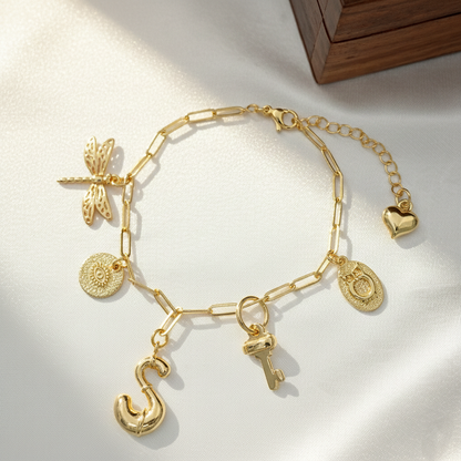 Personalised Gold Charm Bracelet | Initial, Heart & Symbol Charms