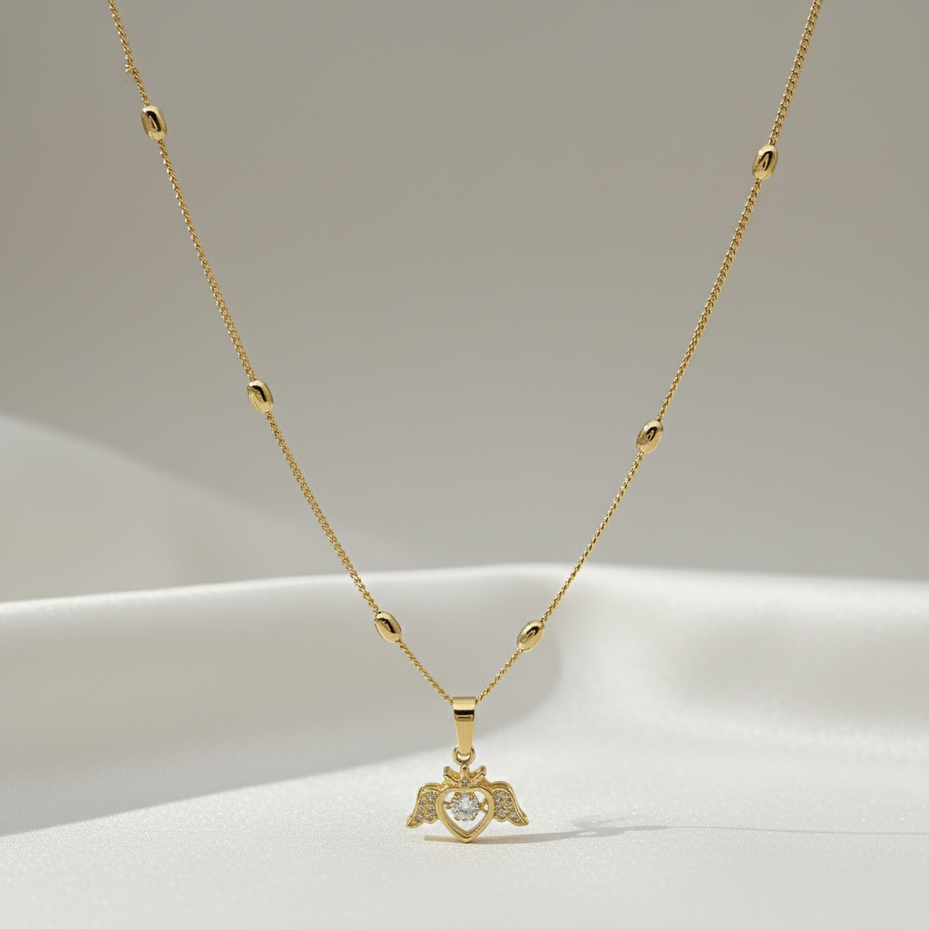 Angel Heart Pendant Necklace with Beaded Gold Chain