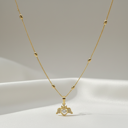 Angel Heart Pendant Necklace with Beaded Gold Chain