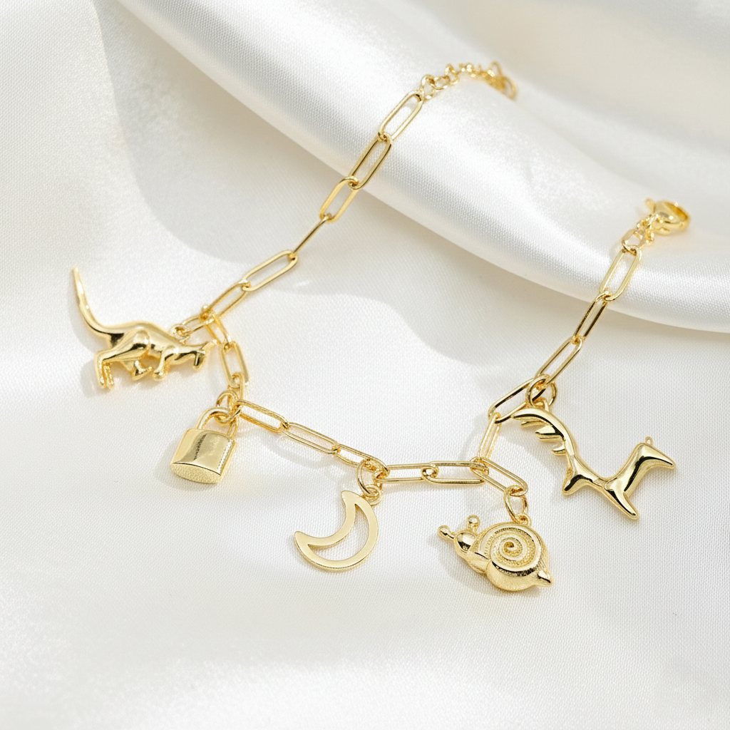 Gold Charm Bracelet with Moon, Lock & Animal Charms