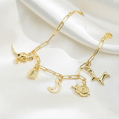 Gold Charm Bracelet with Moon, Lock & Animal Charms