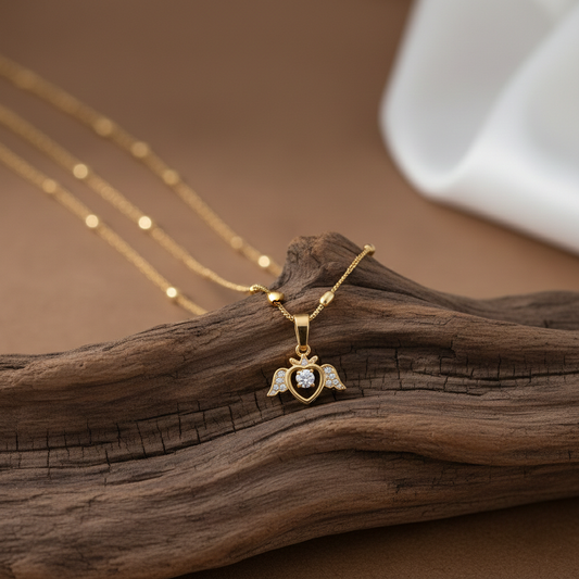 Angel Heart Pendant Necklace with Beaded Gold Chain