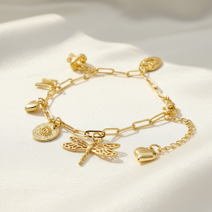 Customized Charm Bracelet with Initial, Evil Eye & Dragonfly
