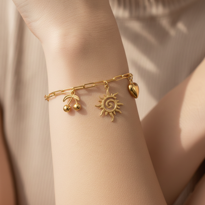 Customized Bracelet with Sun, Heart & Cheery Charms