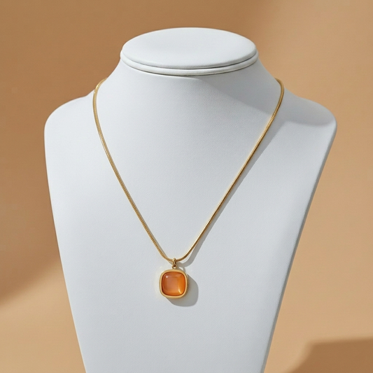 Golden Amber Cushion Pendant Necklace