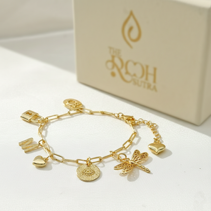 Customized Charm Bracelet with Initial, Evil Eye & Dragonfly
