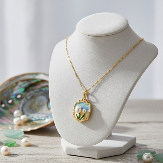 Yellow Gold Pearl Seashell Necklace