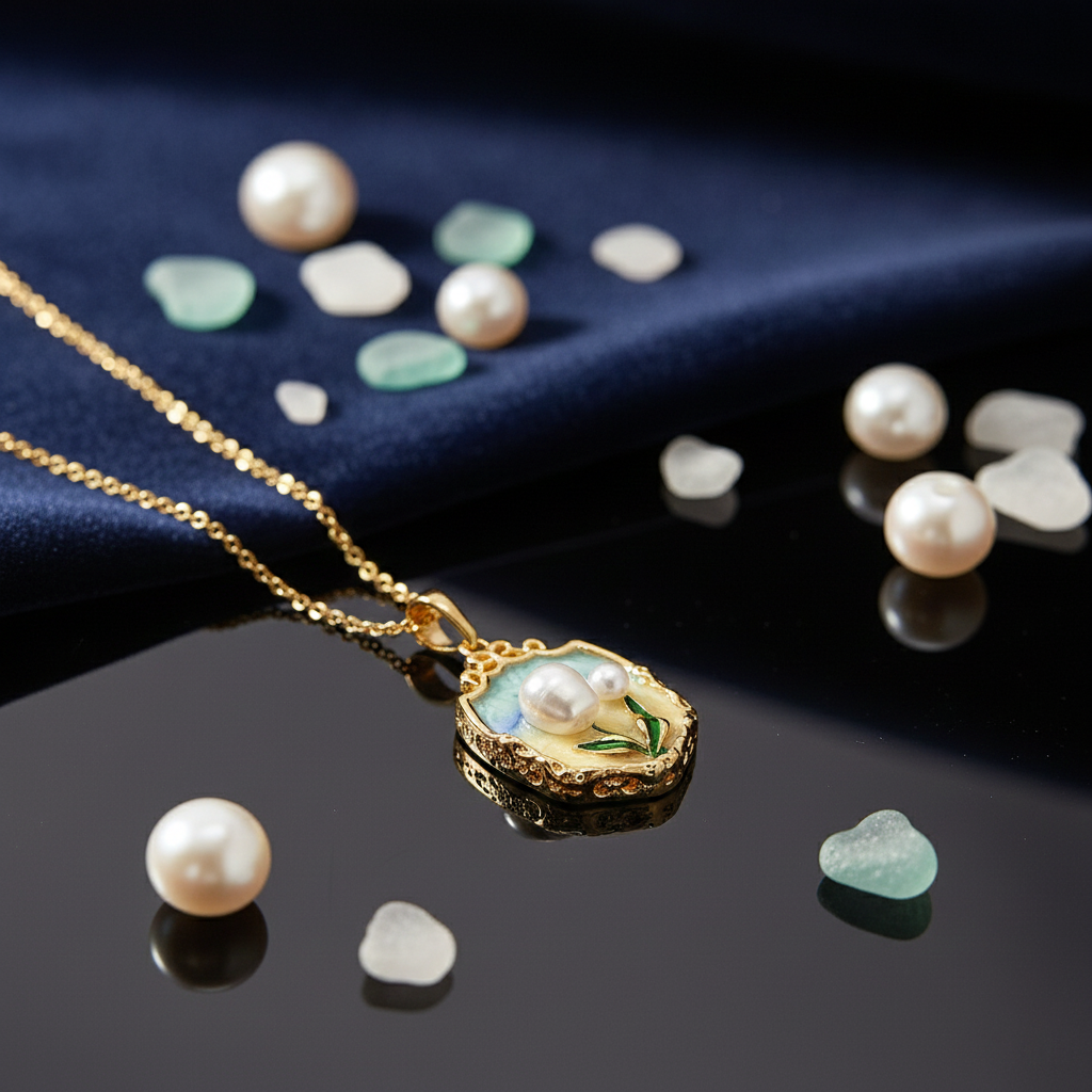 Yellow Gold Pearl Seashell Necklace