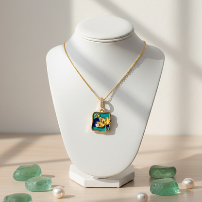 Lotus Pearl Enamel Pendant Necklace