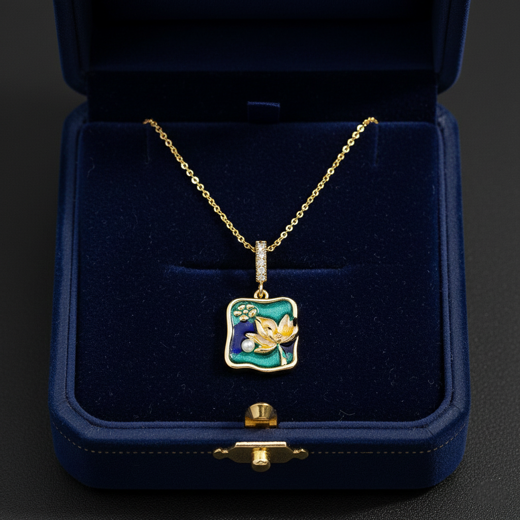 Lotus Pearl Enamel Pendant Necklace