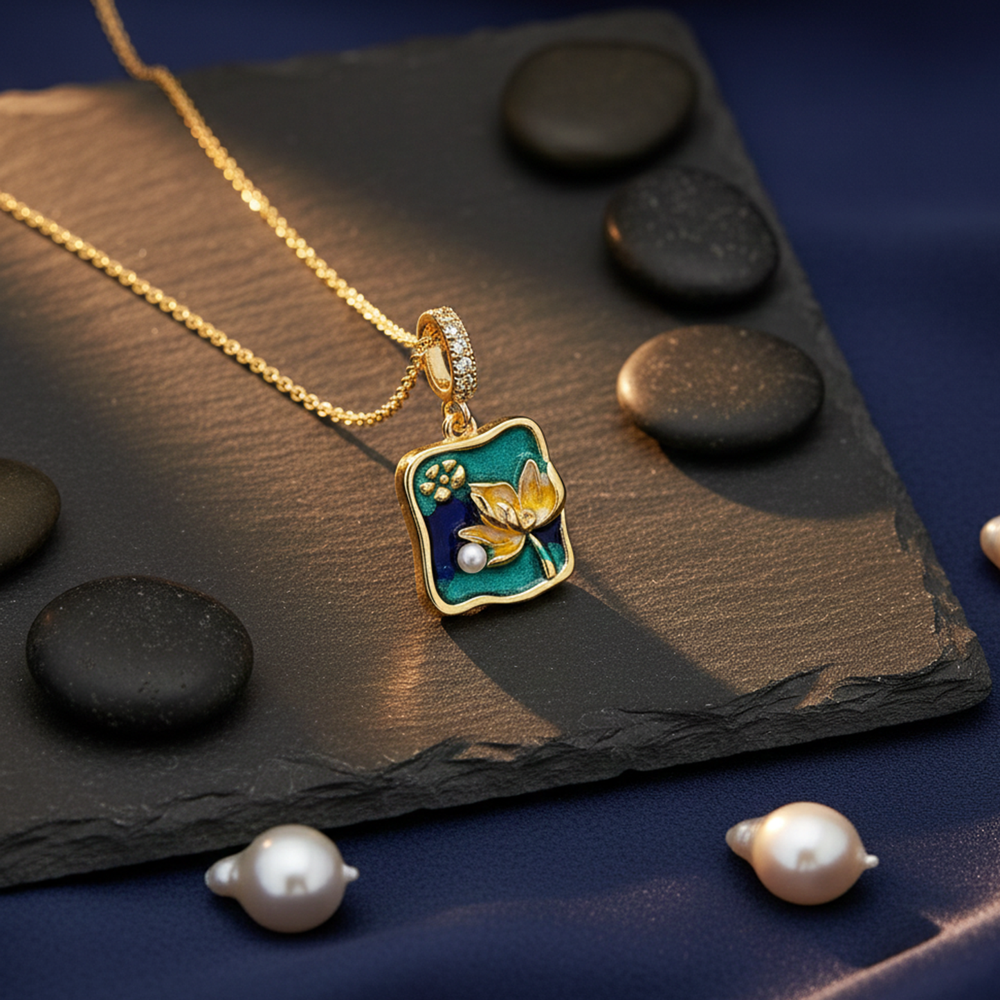 Lotus Pearl Enamel Pendant Necklace