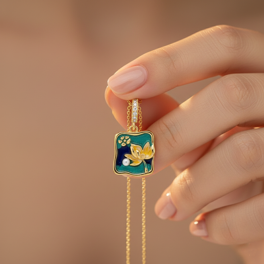 Lotus Pearl Enamel Pendant Necklace