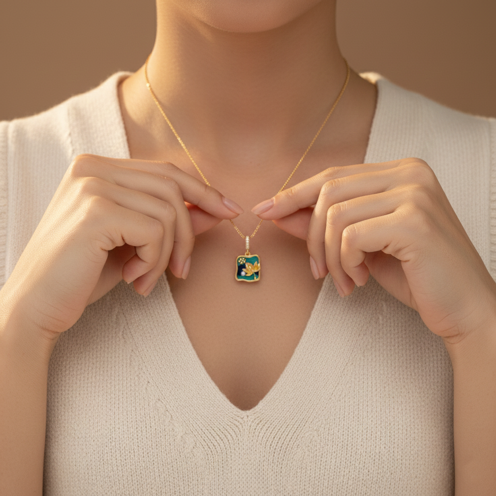 Lotus Pearl Enamel Pendant Necklace