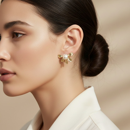 Golden Blossom Pearl Stud Earrings