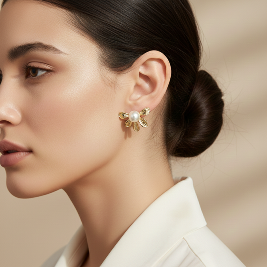 Golden Blossom Pearl Stud Earrings