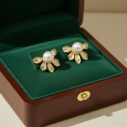 Golden Blossom Pearl Stud Earrings