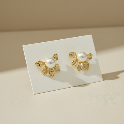 Golden Blossom Pearl Stud Earrings