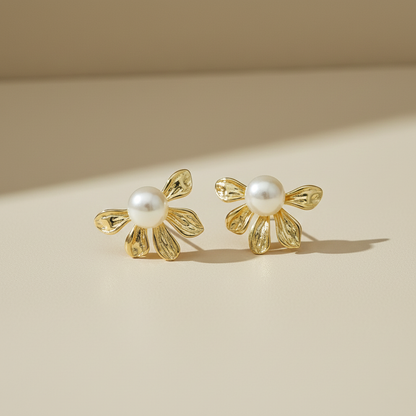 Golden Blossom Pearl Stud Earrings