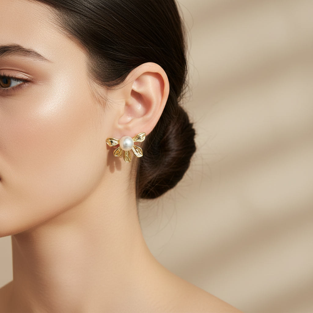 Golden Blossom Pearl Stud Earrings