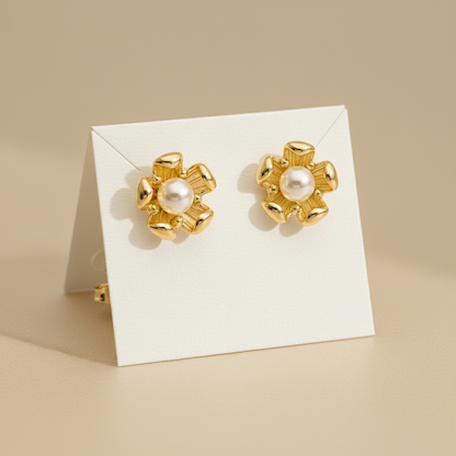 Gold Floral Pearl Stud Earrings